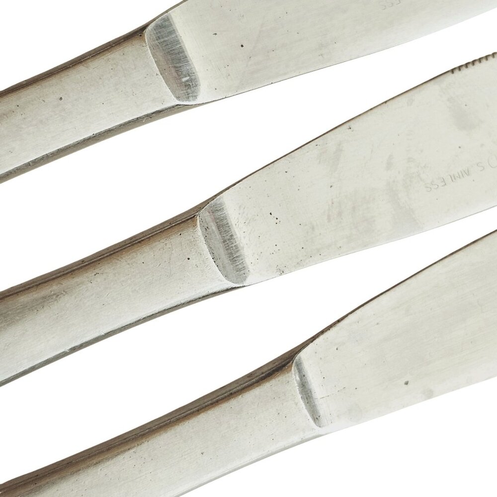 4 Woodwind Dinner Knife 8" wood-like handle vtg midcentury boho minimalist mixed - Picture 6 of 9